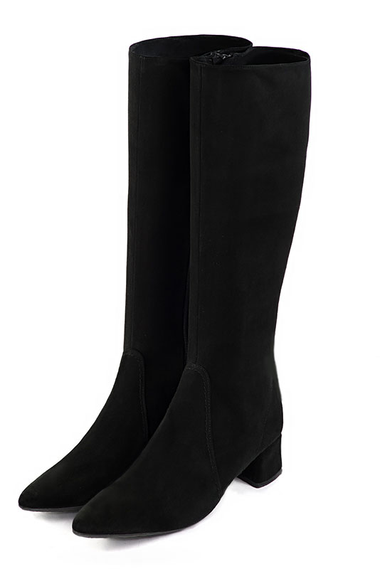 Matt black women's feminine knee-high boots. Tapered toe. Low flare heels. Made to measure. Front view - Florence KOOIJMAN